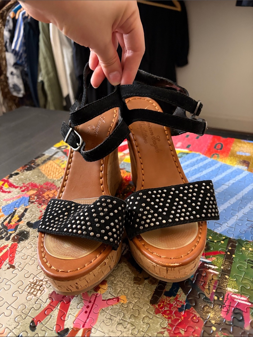 American Eagle Outfitters Black Studded Cork Wedge Sandals